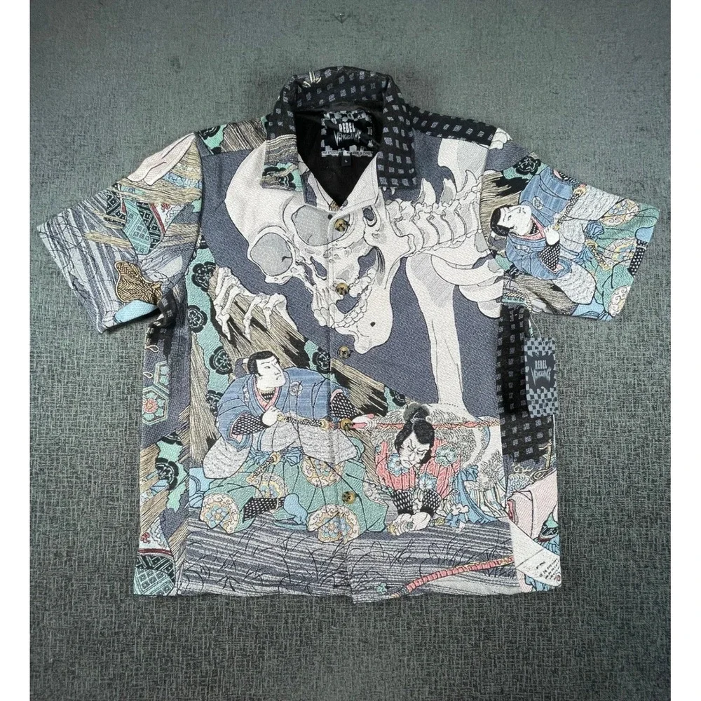 Rebel Vengeance Mens Samurai Skull Tapestry Shirt Short Sleeve Graphic Large